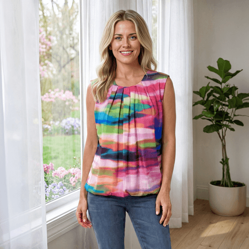 Womens Nicole Miller Sleeveless Pleated Ombre Bubble Hem Blouse